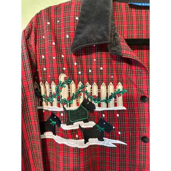 VTG Karen Scott Plaid Button Up Shirt Christmas Holly Scottish Terrier Woman’s M - Picture 4 of 10